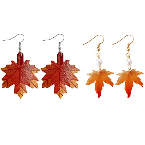 2Pcs Red Maple Leaf Earrings,Fall Earrings for Women Halloween Thanksgiving Drop Dangle Earrings