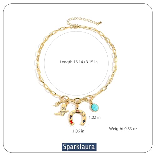 Gold Charm Necklace for Women Western Jewelry Boho Coastal Cowgirl Cowboy Horseshoe Pendant Boot Heart Star Cactus Charms Chunky Paperclip Chain Statement Choker Necklaces Gift3
