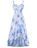 SCARLET DARKNESS Vestido floral victoriano para mujer, sin mangas, dobladillo asimétrico, cuello de corazón, vestido largo bohemio de verano, Blanco con flores azules, M