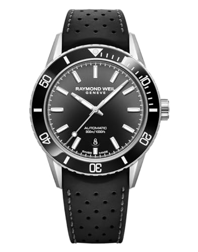 RAYMOND WEIL Freelancer Diver Men's Automatic Watch, Black Dial with Indexes, Black Ceramic Bezel, Rubber Bracelet, 42.5 mm (Model: 2775-SR1-20051)