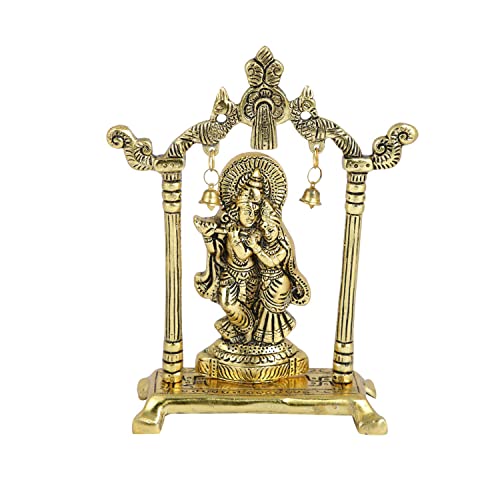 Image of Metal Lord Krishna Swing Statue with Antique Gold Finish & Bells - Spiritual Krishna Idol for Home Decor, Mandir Decoration, 6-Inch Brass Religious Sculpture