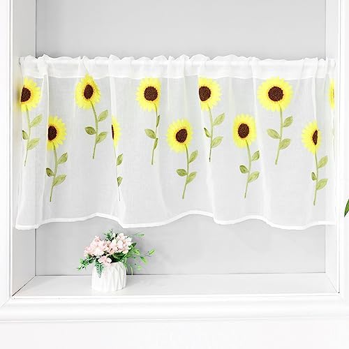 ArtisticHome Sunflower Embroidered Curtain Net Lace Valance Curtain, Bistro Curtain for Kitchen Bathroom Window Curtain, Yellow Floral Half Curtain, W 150 x D 50 cm