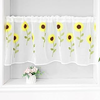 ArtisticHome Sunflower Embroidered Curtain Net Lace Valance Curtain, Bistro Curtain for Kitchen Bathroom Window Curtain, Yellow Floral Half Curtain, W 150 x D 50 cm