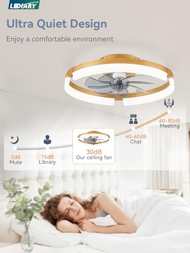 Image of LEDIARY 19.7 Inch Low Profile Ceiling Fans with Lights and Remote, 6 Speeds, 3 CCT, Reversible, Dimmable Flush Mount Fan Light, Modern Ceiling Fan with Light for Bedroom, Gold