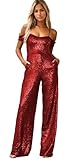 Cold Shoulder Prom Jumpsuit Long Sequin Open Back Red Cocktail Jumpsuits for Women Evening Party Size 10