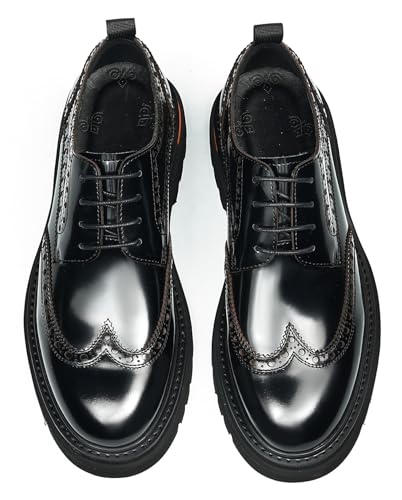 Santimon Men's Formal Dress Shoes Wingtip Brogue Lace-Up Oxfords with Chunky Sole - Glossy Genuine Leather Derby for Casual Business Prom Wedding4