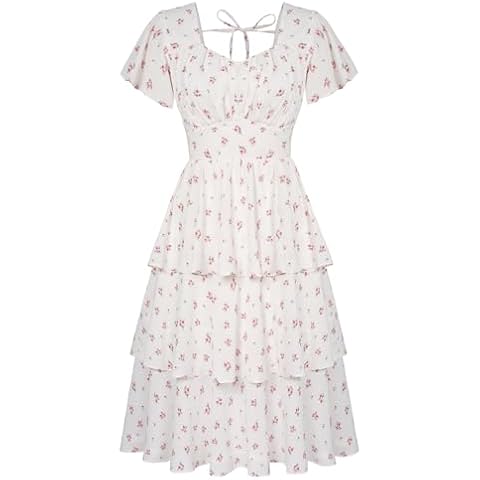 Belle Poque 2024 Summer Women's Square Neck Floral and Leaves Tiered Ruffle Dress Short Sleeve Dresses Apricot XL Cover