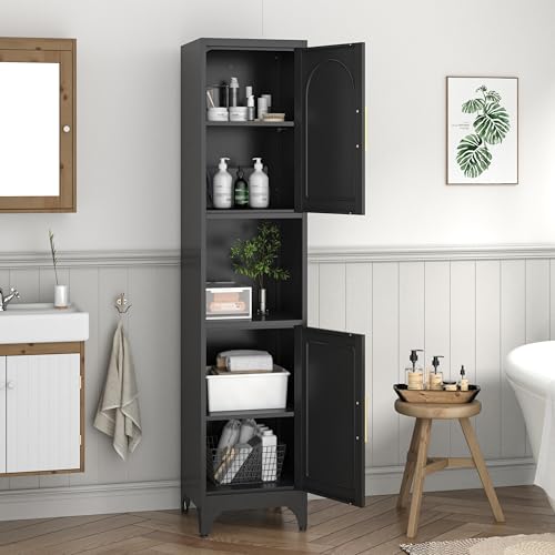 Tall Bathroom Storage Cabinet, 17" W Freestanding Bathroom Cabinet with Acrylic Glass, Open Display Shelf, Skinny Storage Cabinets with Adjustable Shelves, Assembly Required, Black Black 75"