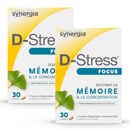 D-STRESS FOCUS Lot de 2X30 Comprimés | L-Tyrosine, Ginkgo biloba et Vitamine C | Stimule la mémoire et la concentration | Vegan, Sans Gluten, Sans Soja, Sans OGM | Origine France