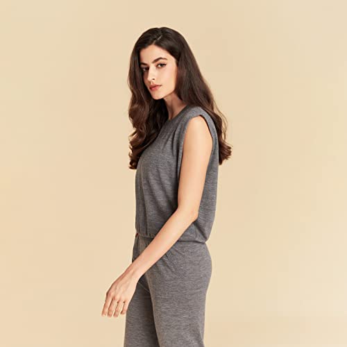Greenmount Women's Wool Cashmere Casual Set 2 Piece Outfits Crew Neck Sleeveless Tank & High Waist Wide Leg Long Pants With Pockets（Grey，L #TOP3