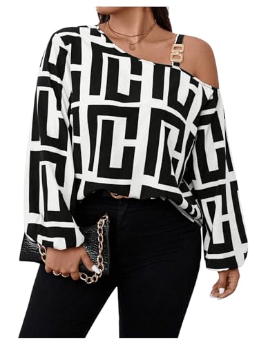 MakeMeChic Women's Plus Size Graphic Print One Shoulder Blouses Long Sleeve Party Fall Tops