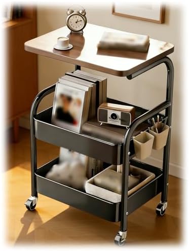 Multi-Purpose Rolling Storage Trolley with Wooden Top & Lockable Wheels - Versatile Metal Cart for Living Room, Kitchen, Bedroom - Black (1.44x0.98x2.53 ft)