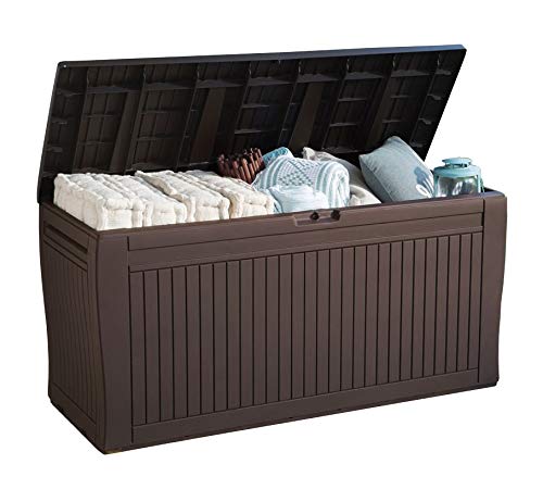 Koll Living Gartenbox mit 270 Liter Fassungsvermögen - wetterfester Stauraum, der Inhalt bleibt trocken und Wird belüftet - Moderne Holzoptik - mit Griffen und Rollen (Braun)