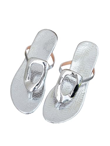 OYOANGLE Womens Metal Decor Flip Flop Thong Sandals Comfortable Slip on Flat Sandals Silver 9