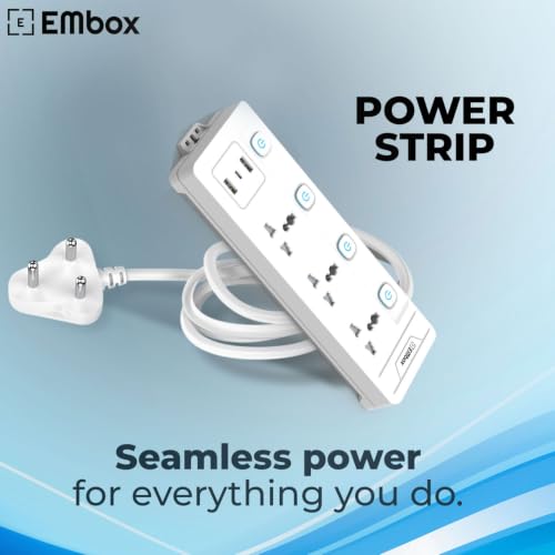 Image of EMBOX Extension Board 5 Meter with USB Type C| Extension Board with Switches 3 Universal Sockets Spike Guard | LED Indicator 2500W Extension Cord