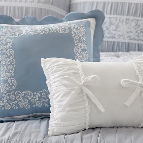 Image of Madison Park 5-Piece Farmhouse Comforter Set with Ruching & Lace Trim, Soft Chambray Bedding, Includes Comforter and 2 Decorative Pillows, Queen, Blue