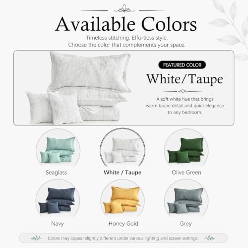 Image of HZ & HY Botanical Oversized Queen Bedspread, Stitched Leaf Quilt Set Queen Size, Lightweight Reversible Coverlet, Tailored Edge - Soft Neutral Look, 5 Piece, White /Taupe