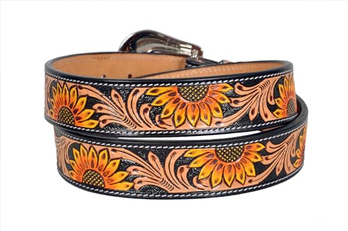 Western Leather Belt Hand Finished Sunflower pattern Unisex Belt, Removeable Buckle 30IS0042