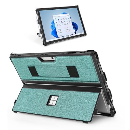 Étui robuste Surface Pro 7 avec porte-stylo et dragonne ergonomique cyan