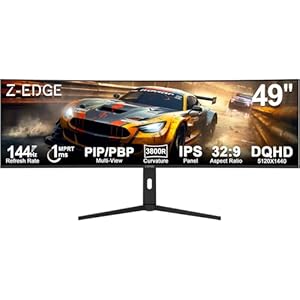 Z-Edge Ecran Pc Gamer Incurvé 49 Pouces 144Hz, IPS, DQHD 5120x1440, Monitor Gaming 32:9, FreeSync, Hauteur/Inclinaison Réglable, Rotatif, PIP/PBP, KVM, 10Bit, 400cd/m², USB Type C 65W/HDMI2.1/DP1.4