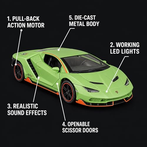 Image of Lamborghini Centenario 1:35 Scale Die Cast Metal Car - Pull Back Supercar Model with Openable Doors, Lights & Sound, Collectible Showpiece for Kids 6+ & Car Enthusiasts