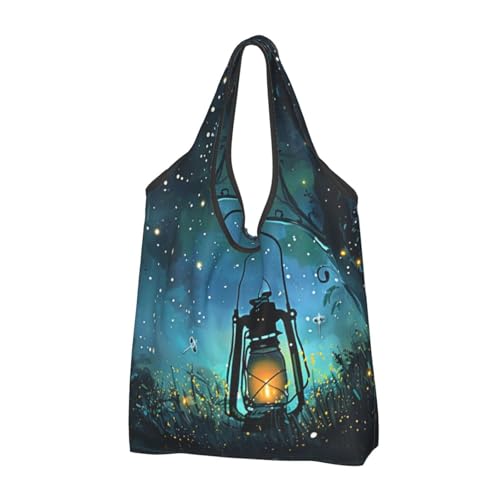 Sac de courses réutilisable à motif lucioles cabas noir lavable ultra résistant
