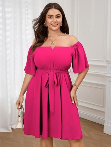 Image of SCOMCHIC Womens Plus Size Cocktail Dress Summer Off Shoulder Short Sleeve Flowy Ruffle A-Line Cute Mini Dress with Belt