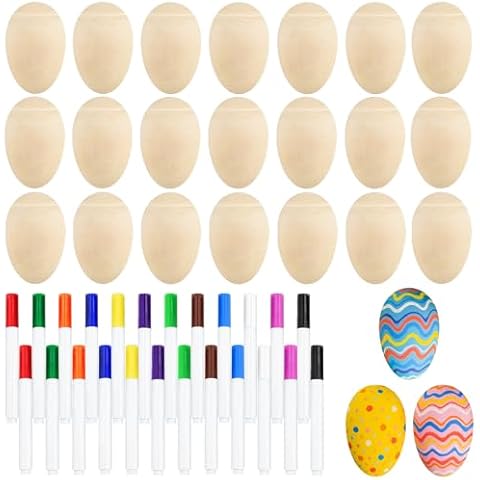 Morcheiong 24 Pcs Wooden Egg Shakers, DIY Egg Shakers Musical Instruments Set with 24 Pcs Multicolor Pens, Egg Maracas Easter Egg Favors for Kids Cover