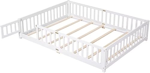 Miniatura 5 de JINS&VICO Marco de cama tamaño Queen, cama Montessori con valla y puerta, cama de plataforma de madera con 7 listones de madera para niños y niñas,
