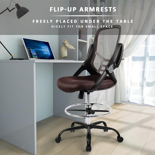 Image of HYLONE Drafting Chair, Tall Office Chair Standing Desk Chair Brown Mesh High-Back Drafting Stool with Flip-Up Arms, Adjustable Foot Ring, Brown