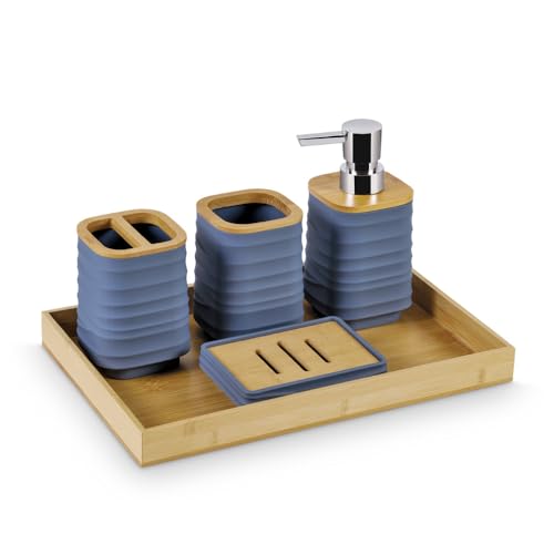 Image of Freelance Portofino ABS Bathroom Accessories Set of 5, Blue - Liquid Handwash Soap Dispenser, Brush /Toothbrush Holder, Tumbler, Dish, Tray - Plastic Set for Wash Basin - Stronger Than Ceramic
