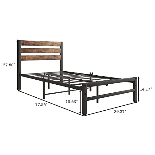 Verfarm Platform Twin Metal Bed Frame With Rustic Vintage Wood Headboard, Mattress Foundation, Strong Metal Slats Support, No Box Spring Needed #TOP1
