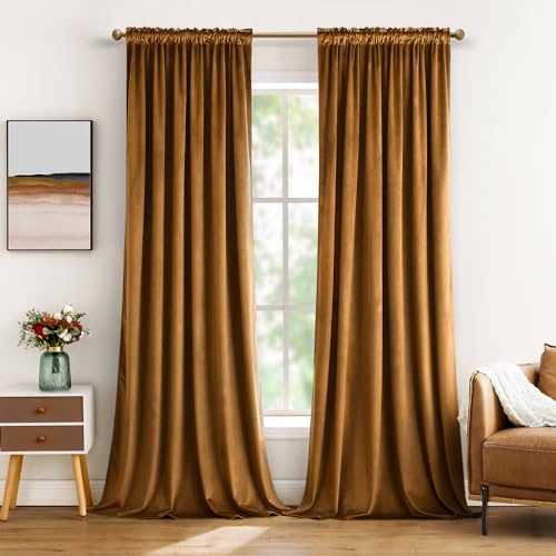 Image of MIULEE Golden Brown Blackout Velvet Curtains Drapes 72 Inch Long 52 inchx72 inch | Luxurious Bedroom Living Room Decor, Room Darkening, Thermal Insulated, Rod Pocket Design, Super Soft Fabric
