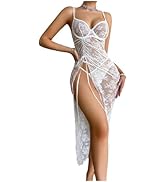 RoseSeek Women's Lingerie Set Spaghetti Strap Lace Sheer Mesh High Slit Babydoll Dress Cut Out Th...