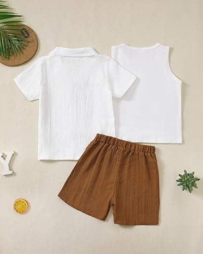 Image of Toddler 3t Boy Clothes White Short Sleeve Button Down Shirt And Brown Shorts With Vest Summer Fashion Beach 4t Boy Outfits Causal Kid Clothing Set