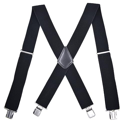 WYDDDARY Suspenders for Men 2'' Wide Adjustable Suspenders with Elastic Straps Adjustable Elastic X Back Style with 4 Clips Black