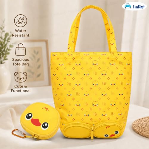 Image of FunBlast Foldable Shopping Bag - Cartoon Design Carry Bag with Zipper Pouch, Foldable Tote Bag for Girls & Women, Multipurpose Reusable Pouch Bags, Lightweight Travel Handbag with Handle Strap (Duck)