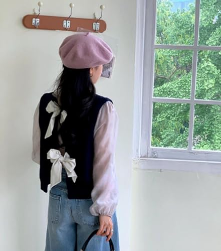 Image of Women's Back Tie Bow Knit Sweater Vest Casual Tops Y2K Sleeveless Crew Neck Knit Vest
