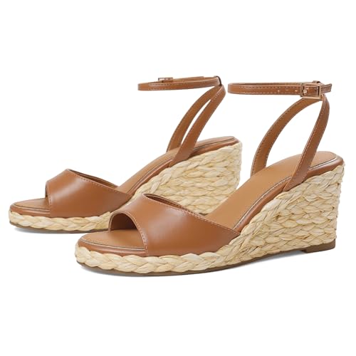 Image of Marc Ford Wedge Sandals For Women Raffia Espadrille Platform Wedges Summer Comfort Sandals Ankle Strap Stylish Open Toe Beach Vcation Raffia Wedges Heels 3 inch
