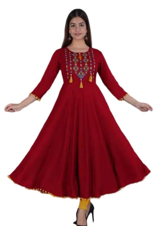 Raj Fashion Women's 3/4th Sleeves Round Neck Rayon Solid Calf Length Anarkali Ethnic Long Gown Red-picture-24