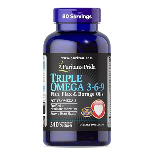 Puritan's Pride Premium Triple Active Omega 3-6-9 Fish, Flax, and Borage Oils, Dietary Supplement for Heart, Joint, and Cellular Health Support, 240 Rapid Release Softgels