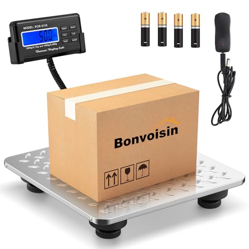 Bonvoisin Báscula para Paquetería 300kg/660lb, Pantalla LCD Externa, Plataforma Acero Inoxidable, Doble Rango Precisión 300kg/0,1kg & 150kg/0,05kg, Conmutable kg/oz/lb/lb:oz, Función Conteo