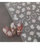 5D Embossed White Flower Nail Stickers for Nail Art Floral Nail Art Stickers with Pearl Flower Na...
