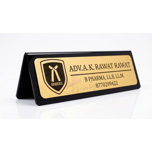 Image of Acrylic Laser Engraved Table Sign Stand, Laser Engraved Sign or Name Plate for Doctor, Teacher, Advocate, Medical, Proprotor office or personal use with Warm White Light (Black with Gold Name Plate)