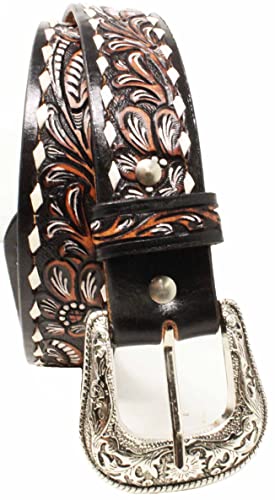 CHALLENGER 27-28 Western 1 1/2" Wide Rodeo Floral Tooled Buckstitch Brown Leather Belt 26FK083