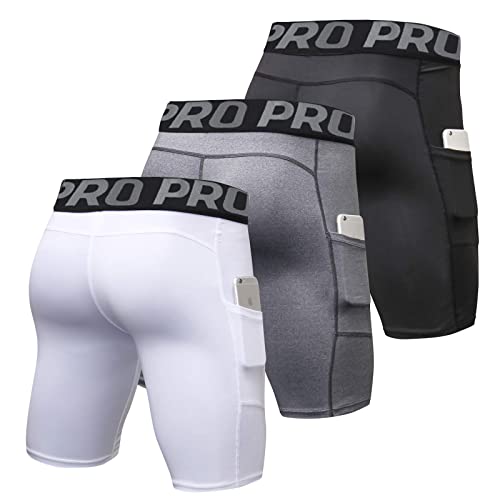 YUSHOW Compression Shorts Mens 3 Pack Sports Anti-Chafing Underwear Base Layer Shorts Quick Dry Running Shorts with Phone Pockets Cycling Tights for Workout Athletic Rugby Short Protect Leg Skin - Image 3