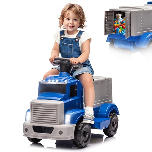 Acnico 6V Ride on Truck for Toddlers - Kids Electric Car with Large Storage Box, Music, LED Lights, Rechargeable Battery, One-Button Start, Indoor/Outdoor Ride on Toy for Kids Boys Girls (Dark Blue)
