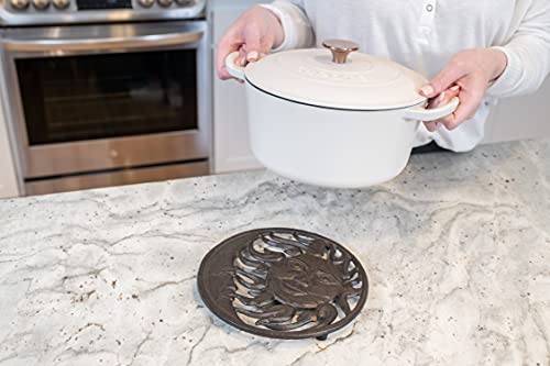 GASARE-Cast-Iron-Trivet-for-Hot-Dishes-Pots-and-Pans-Metal-Trivet-Sun-Moon-Design-Rubber-Feet-Caps-Ring-Hanger-8-Inches-Brown-1-Unit GASARE Cast Iron Trivet for Hot Dishes Pots and Pans Metal Trivet Sun Moon Design Rubber Feet Caps Ring Hanger 8 Inches Brown 1 Unit