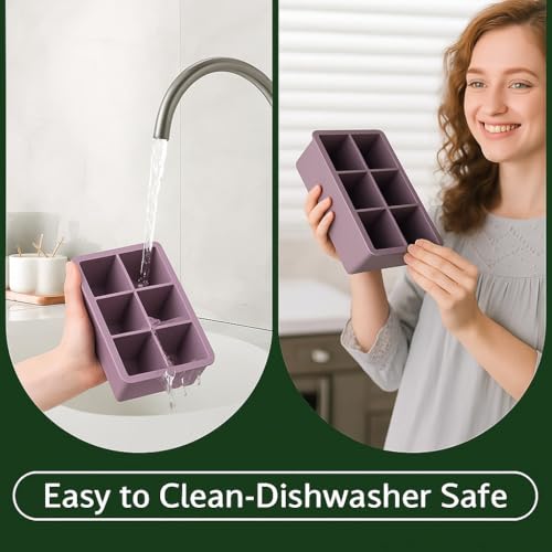 Image of 2PECK Silicone Ice Cube Tray with Lid, Large 6-Cavity Square Ice Cube Moulds for Freezer, Easy Release & Stackable Ice Trays for Whiskey, Cocktails, Coffee & Home Bar. (Light PURPEL)