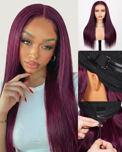 Image of Arabella 6x5 Burgundy Glueless Human Hair Wig Burgundy Pre Plucked Pre Cut 210% Density 12A Bleached Knots Density Drawstring Straight For HD Transparent Lace Wig 20 Inch
